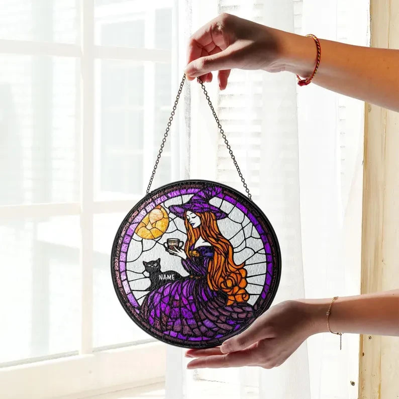 Cat Witch Round Faux Stained Glass, Cat Halloween Suncatcher, Halloween Witch Faux Stained Glass Window Hanging, Cat Faux Stained Glass SunCatcher