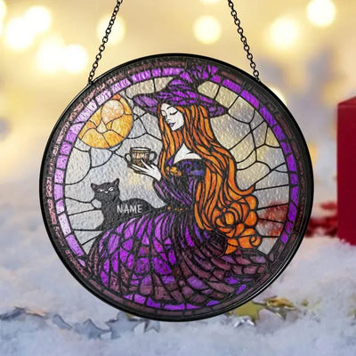 Cat Witch Round Faux Stained Glass, Cat Halloween Suncatcher, Halloween Witch Faux Stained Glass Window Hanging, Cat Faux Stained Glass SunCatcher