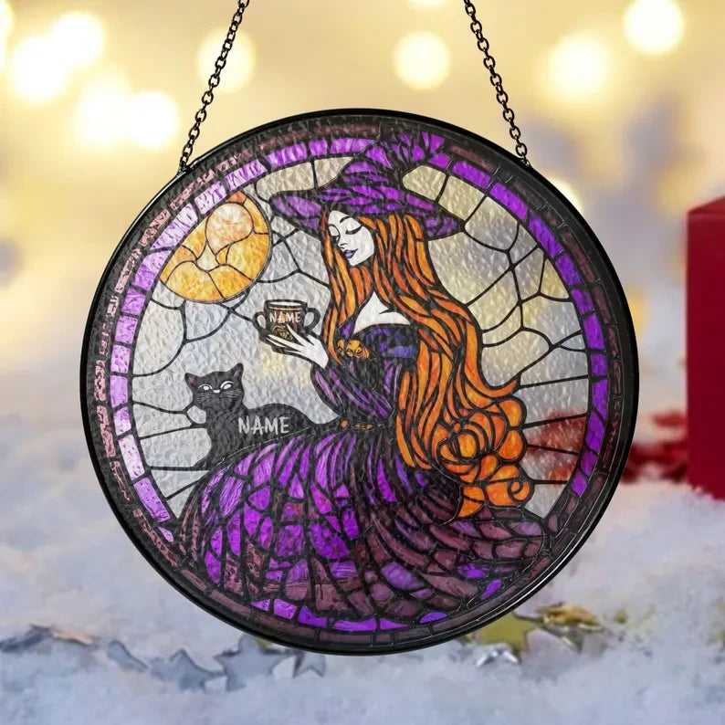 Cat Witch Round Faux Stained Glass, Cat Halloween Suncatcher, Halloween Witch Faux Stained Glass Window Hanging, Cat Faux Stained Glass SunCatcher