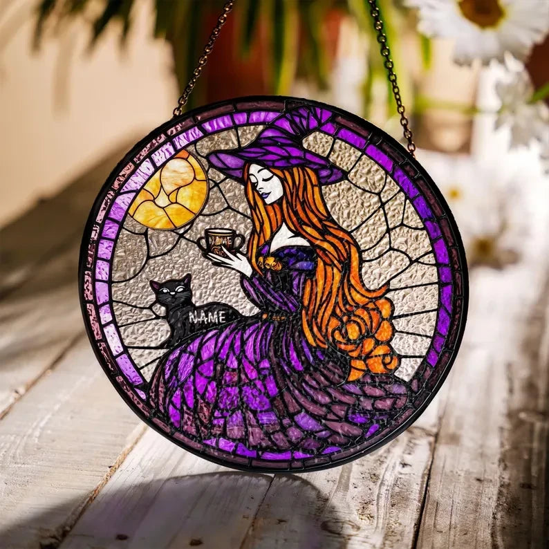 Cat Witch Round Faux Stained Glass, Cat Halloween Suncatcher, Halloween Witch Faux Stained Glass Window Hanging, Cat Faux Stained Glass SunCatcher