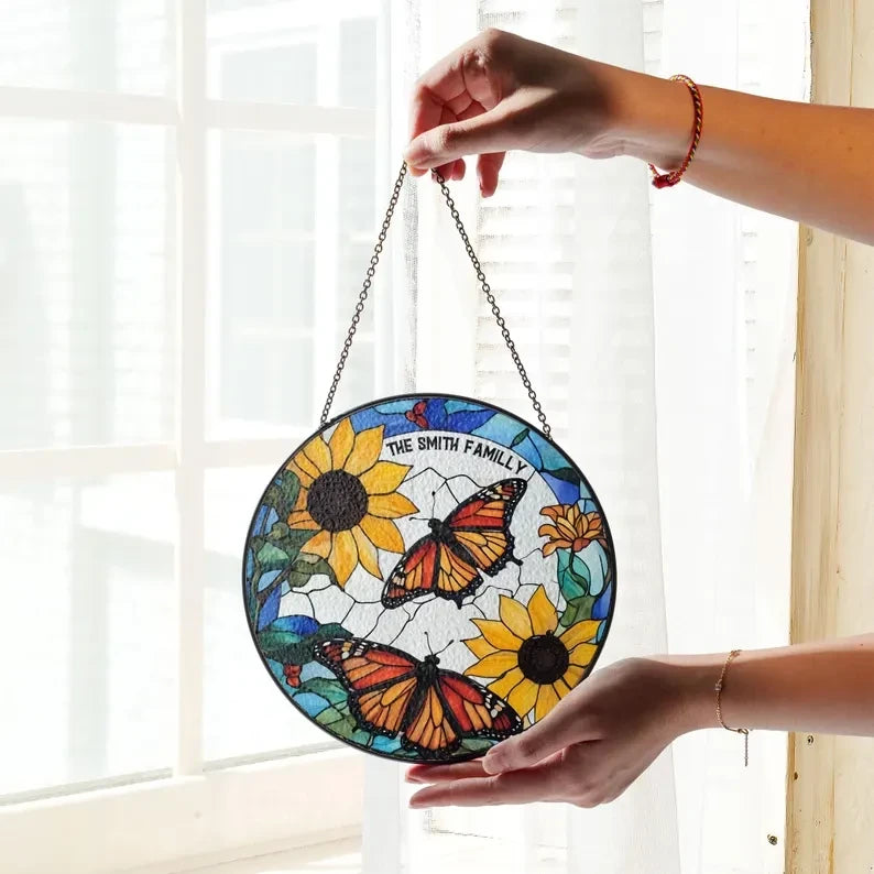 Butterflies Glass Art Suncatcher, Butterfly Lovers Gift, Butterfly Window Hangings, Flower Suncatcher, Wall Hanging Ornament, Home Decor