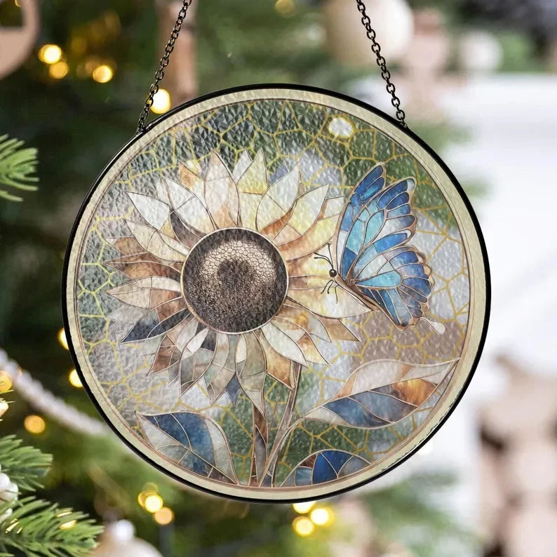 Butterflies Sunflower Glass Art Suncatcher, Butterfly Lovers Gift, Butterfly Window Hangings, Sunflower Suncatcher, Wall Hanging Ornament