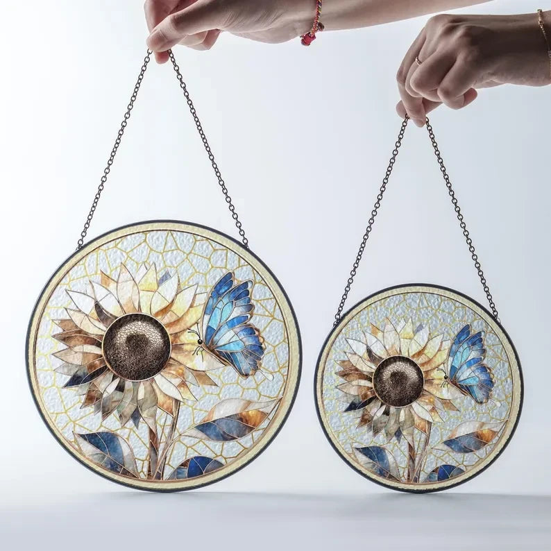 Butterflies Sunflower Glass Art Suncatcher, Butterfly Lovers Gift, Butterfly Window Hangings, Sunflower Suncatcher, Wall Hanging Ornament