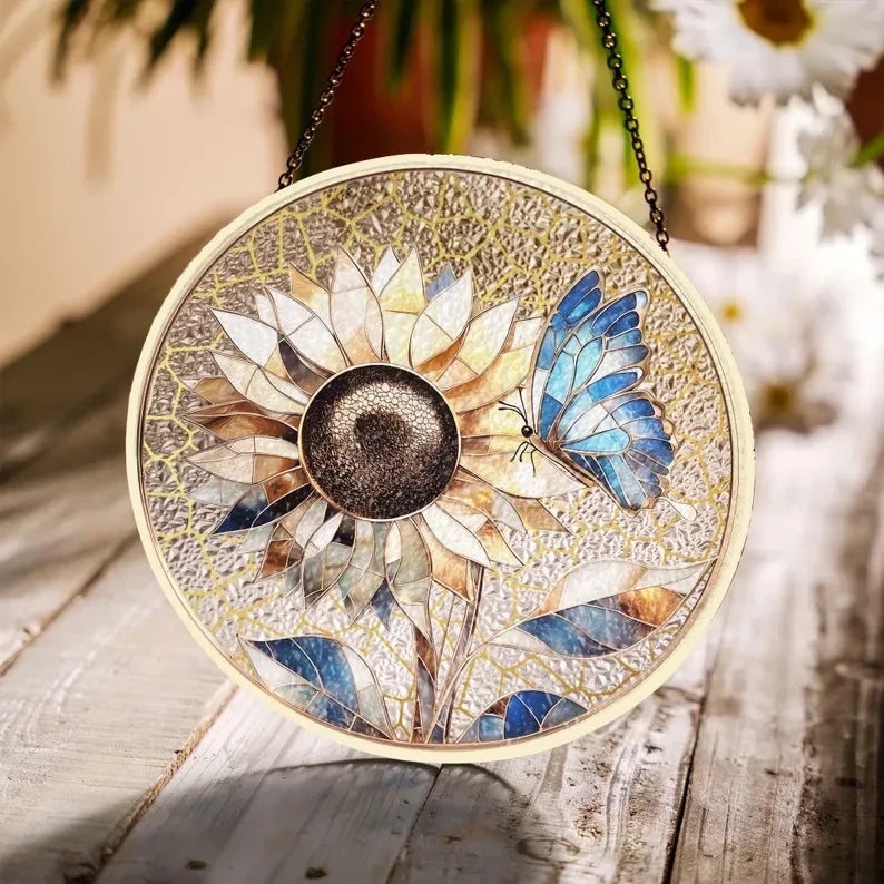 Butterflies Sunflower Glass Art Suncatcher, Butterfly Lovers Gift, Butterfly Window Hangings, Sunflower Suncatcher, Wall Hanging Ornament
