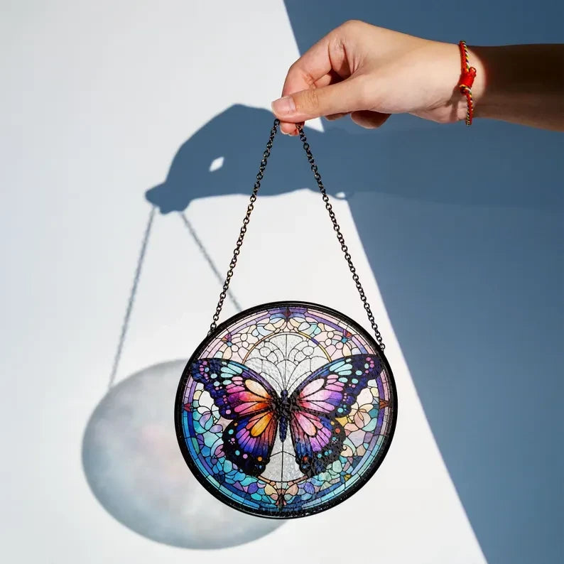 Butterflies Glass Art Suncatcher, Butterfly Lovers Gift, Butterfly Window Hangings, Flower Suncatcher, Wall Hanging Ornament, Home Decor