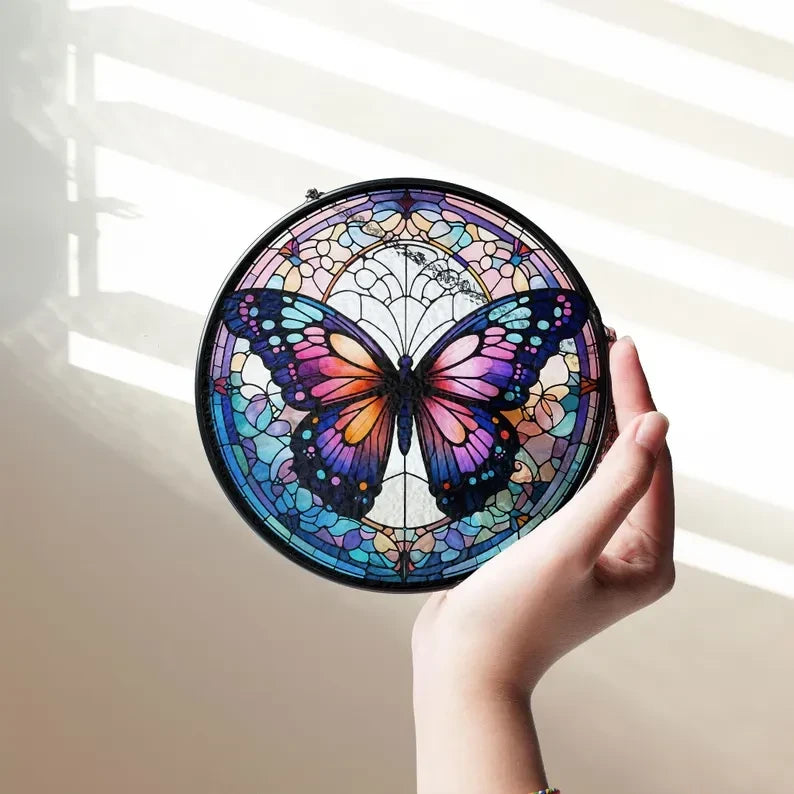 Butterflies Glass Art Suncatcher, Butterfly Lovers Gift, Butterfly Window Hangings, Flower Suncatcher, Wall Hanging Ornament, Home Decor