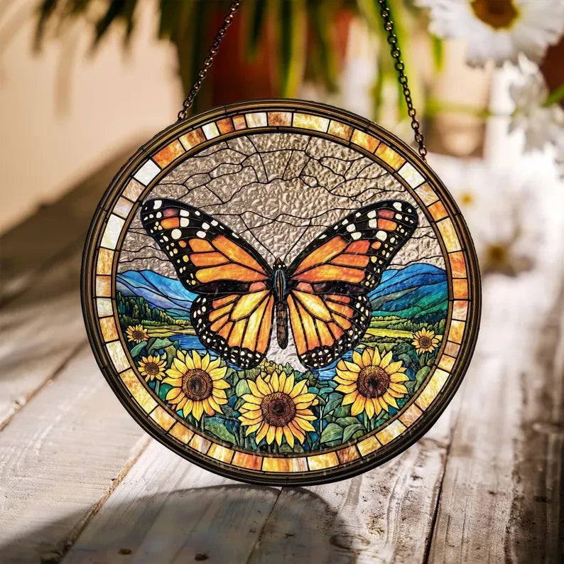 Butterflies Sunflower Glass Art Suncatcher, Butterfly Lovers Gift, Butterfly Window Hangings, Sunflower Suncatcher, Wall Hanging Ornament