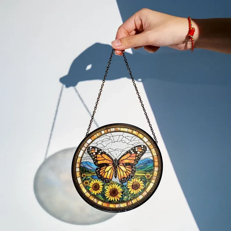 Butterflies Sunflower Glass Art Suncatcher, Butterfly Lovers Gift, Butterfly Window Hangings, Sunflower Suncatcher, Wall Hanging Ornament