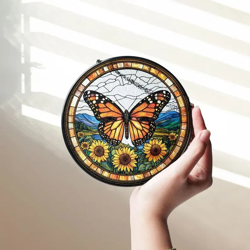 Butterflies Sunflower Glass Art Suncatcher, Butterfly Lovers Gift, Butterfly Window Hangings, Sunflower Suncatcher, Wall Hanging Ornament