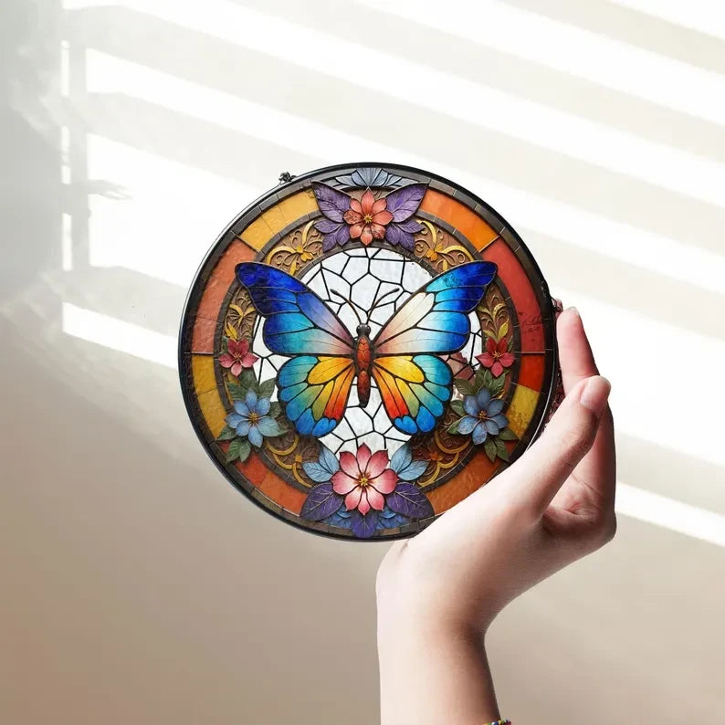 Butterflies Glass Art Suncatcher, Butterfly Lovers Gift, Butterfly Window Hangings, Flower Suncatcher, Wall Hanging Ornament, Home Decor