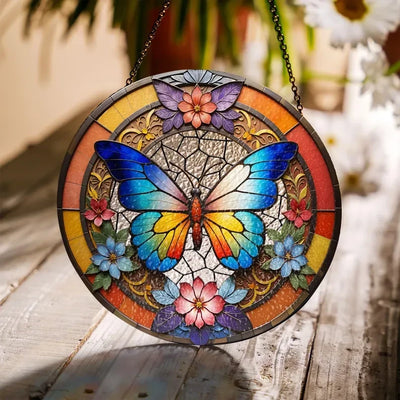 Butterflies Glass Art Suncatcher, Butterfly Lovers Gift, Butterfly Window Hangings, Flower Suncatcher, Wall Hanging Ornament, Home Decor