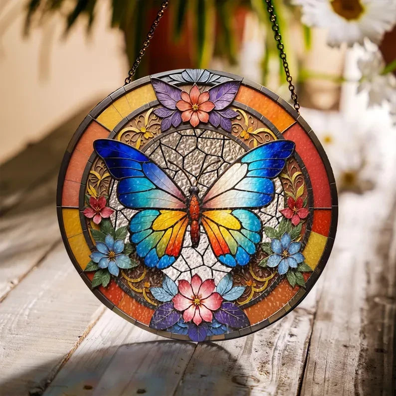 Butterflies Glass Art Suncatcher, Butterfly Lovers Gift, Butterfly Window Hangings, Flower Suncatcher, Wall Hanging Ornament, Home Decor