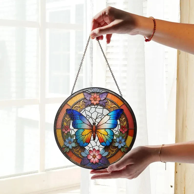 Butterflies Glass Art Suncatcher, Butterfly Lovers Gift, Butterfly Window Hangings, Flower Suncatcher, Wall Hanging Ornament, Home Decor