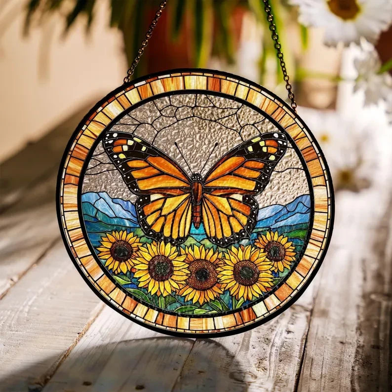Butterflies Sunflower Glass Art Suncatcher, Butterfly Lovers Gift, Butterfly Window Hangings, Sunflower Suncatcher, Wall Hanging Ornament