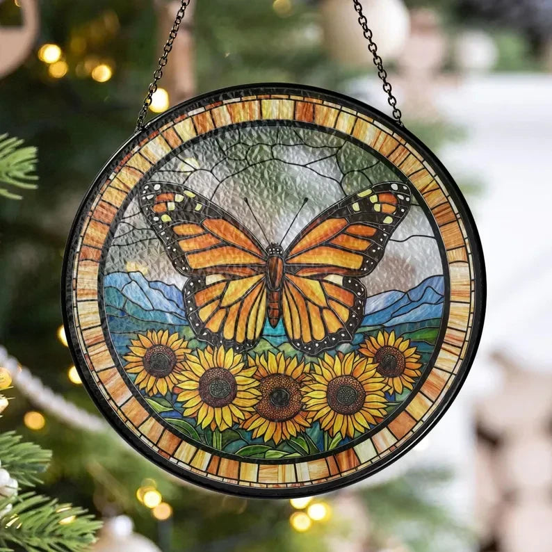 Butterflies Sunflower Glass Art Suncatcher, Butterfly Lovers Gift, Butterfly Window Hangings, Sunflower Suncatcher, Wall Hanging Ornament