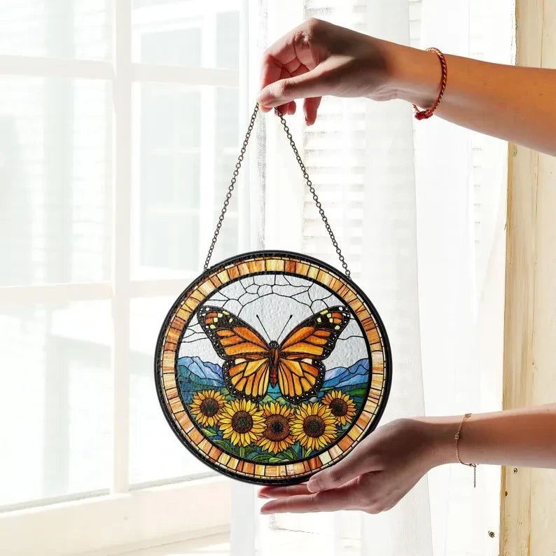Butterflies Sunflower Glass Art Suncatcher, Butterfly Lovers Gift, Butterfly Window Hangings, Sunflower Suncatcher, Wall Hanging Ornament