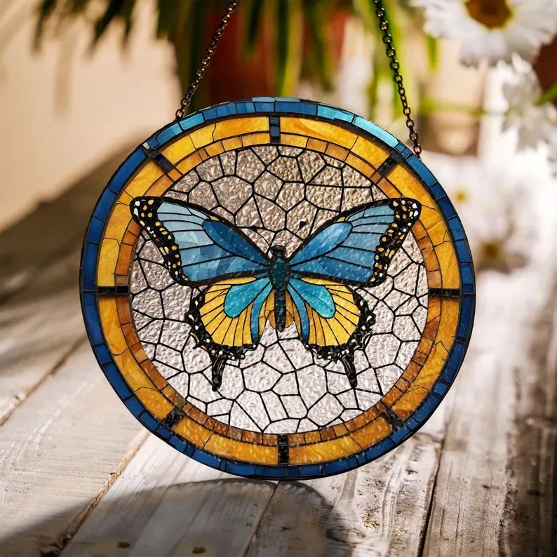 Butterflies Glass Art Suncatcher, Butterfly Lovers Gift, Butterfly Window Hangings, Flower Suncatcher, Wall Hanging Ornament, Home Decor
