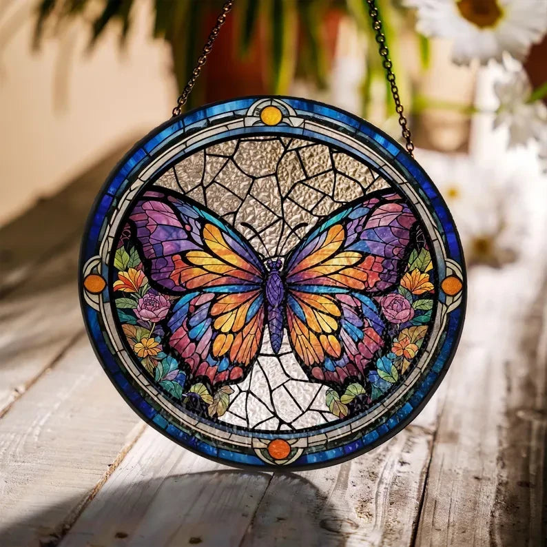 Butterflies Glass Art Suncatcher, Butterfly Lovers Gift, Butterfly Window Hangings, Flower Suncatcher, Wall Hanging Ornament, Home Decor