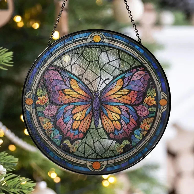 Butterflies Glass Art Suncatcher, Butterfly Lovers Gift, Butterfly Window Hangings, Flower Suncatcher, Wall Hanging Ornament, Home Decor