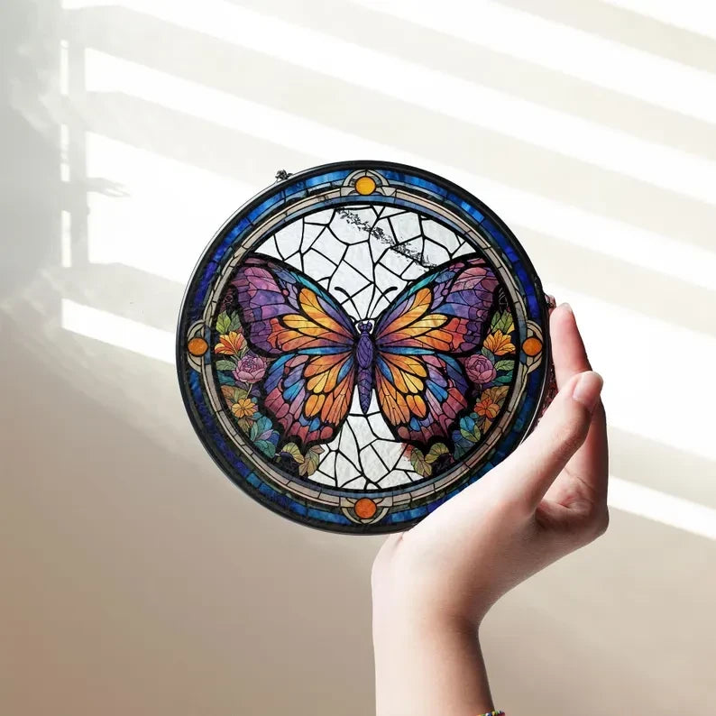 Butterflies Glass Art Suncatcher, Butterfly Lovers Gift, Butterfly Window Hangings, Flower Suncatcher, Wall Hanging Ornament, Home Decor