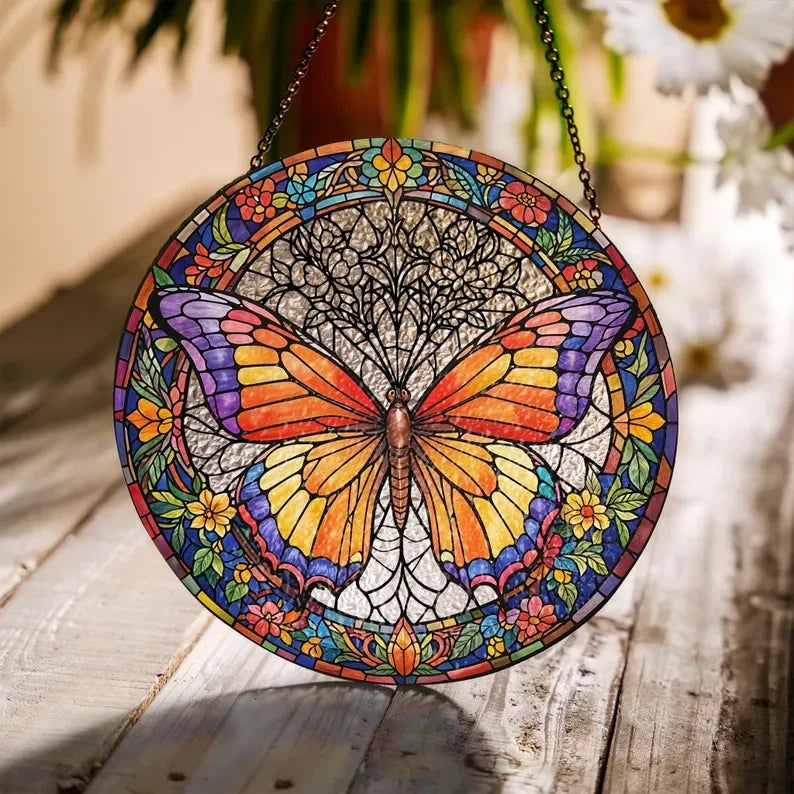 Butterflies Glass Art Suncatcher, Butterfly Lovers Gift, Butterfly Window Hangings, Flower Suncatcher, Wall Hanging Ornament, Home Decor