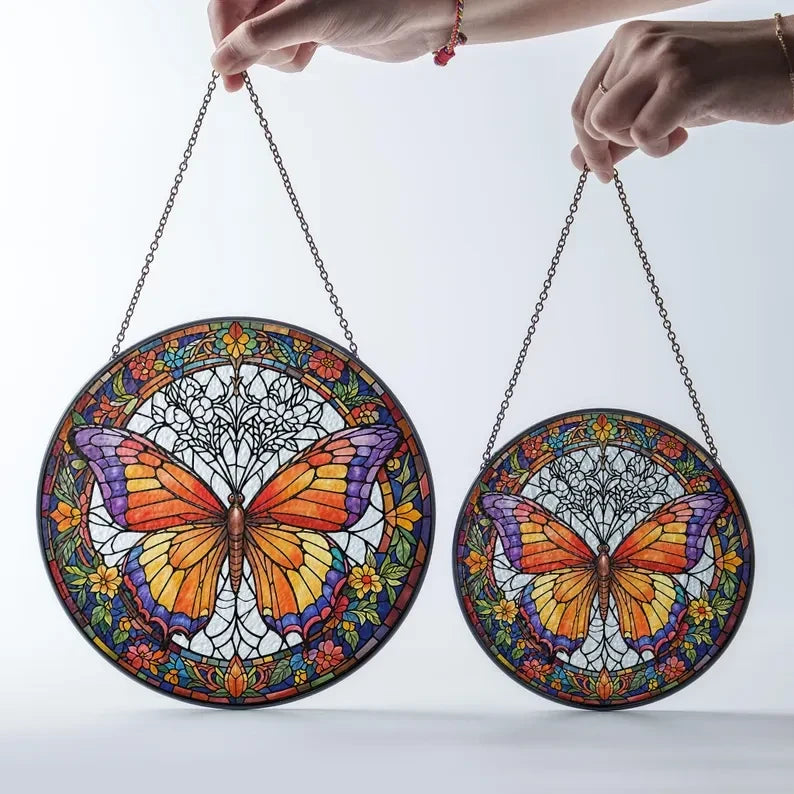 Butterflies Glass Art Suncatcher, Butterfly Lovers Gift, Butterfly Window Hangings, Flower Suncatcher, Wall Hanging Ornament, Home Decor