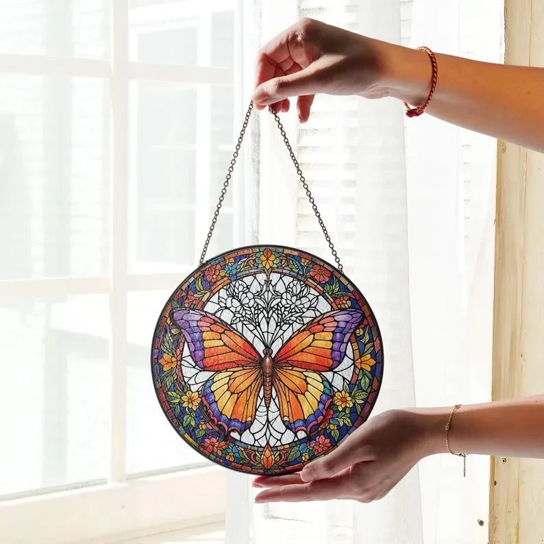 Butterflies Glass Art Suncatcher, Butterfly Lovers Gift, Butterfly Window Hangings, Flower Suncatcher, Wall Hanging Ornament, Home Decor