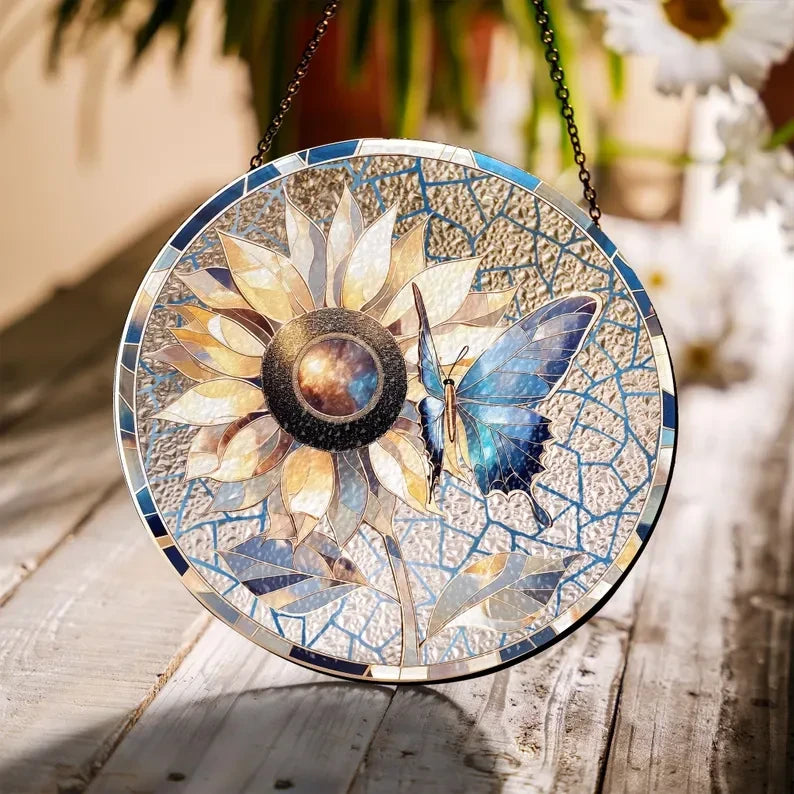 Butterflies Sunflower Glass Art Suncatcher, Butterfly Lovers Gift, Butterfly Window Hangings, Sunflower Suncatcher, Wall Hanging Ornament