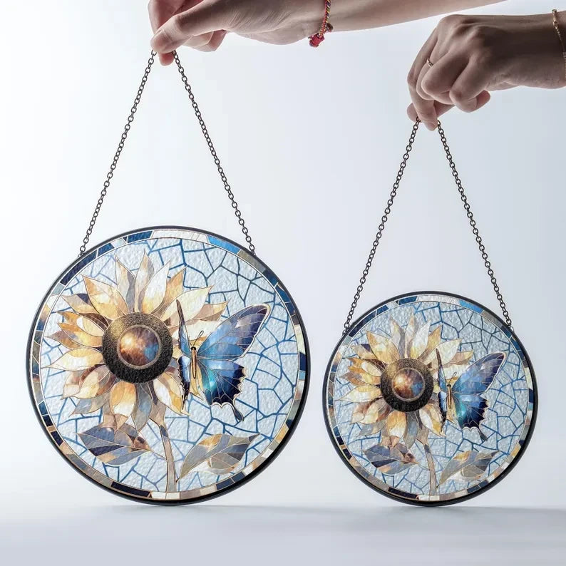 Butterflies Sunflower Glass Art Suncatcher, Butterfly Lovers Gift, Butterfly Window Hangings, Sunflower Suncatcher, Wall Hanging Ornament