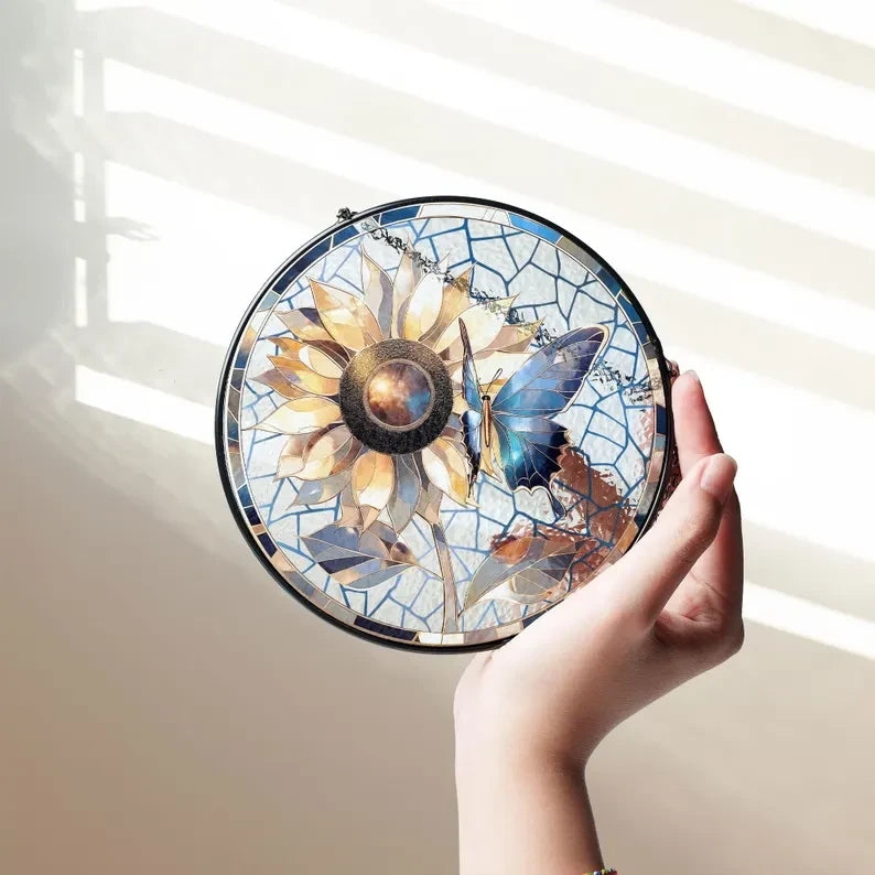 Butterflies Sunflower Glass Art Suncatcher, Butterfly Lovers Gift, Butterfly Window Hangings, Sunflower Suncatcher, Wall Hanging Ornament