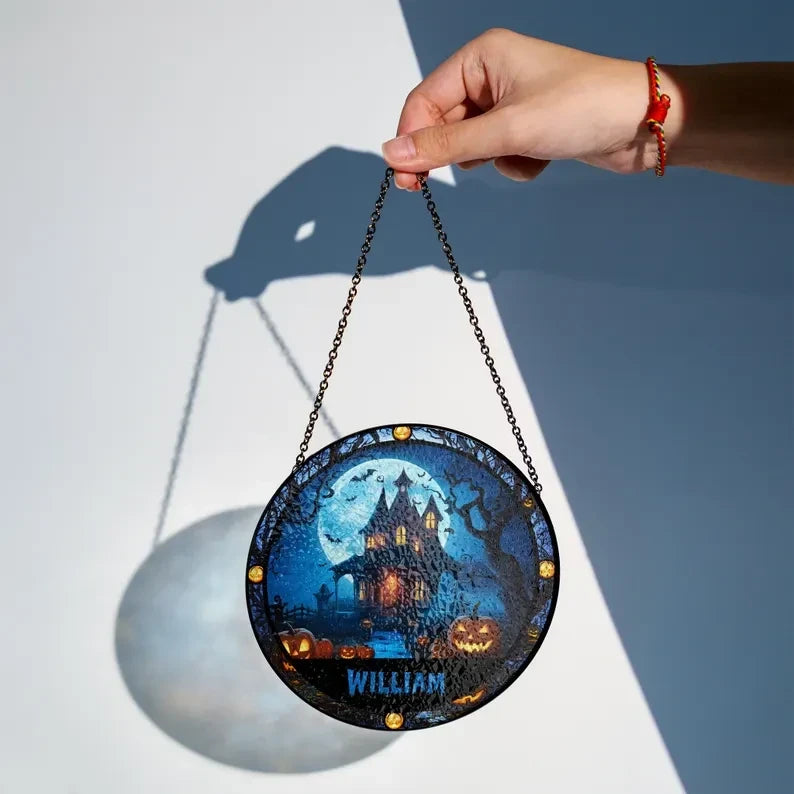 Halloween Castle Round Faux Stained Glass, Castle Suncatcher, Halloween Faux Stained Glass Window Hanging,Halloween Faux Stained Glass SunCatcher,Halloween
