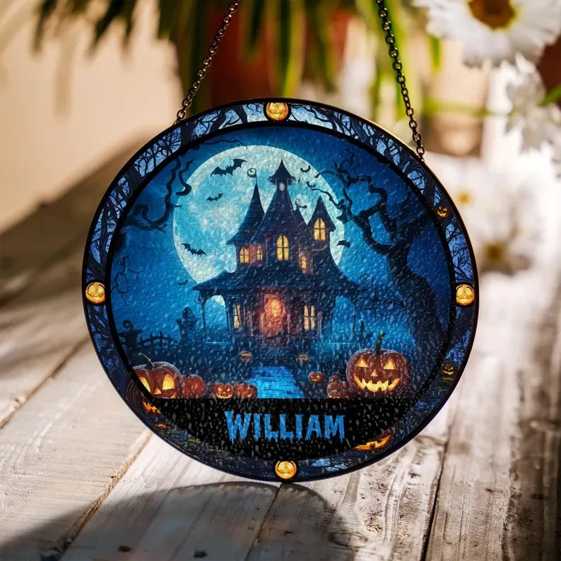 Halloween Castle Round Faux Stained Glass, Castle Suncatcher, Halloween Faux Stained Glass Window Hanging,Halloween Faux Stained Glass SunCatcher,Halloween