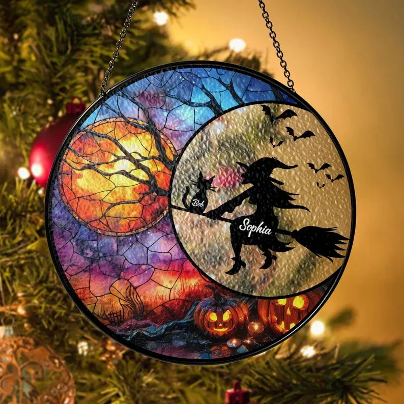 Halloween Round Faux Stained Glass, Cat Suncatcher, Halloween Cat Faux Stained Glass Window Hanging, Witch Cat Faux Stained Glass SunCatcher,Cat lover gift
