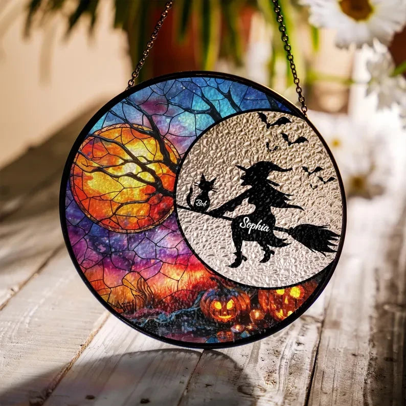 Halloween Round Faux Stained Glass, Cat Suncatcher, Halloween Cat Faux Stained Glass Window Hanging, Witch Cat Faux Stained Glass SunCatcher,Cat lover gift
