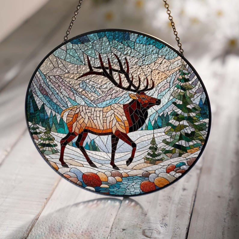 Elk On Christmas Mountain Glass Suncatcher Hanging, Elk Decor, Mountain Range Glass, Elk Lover Gift, Nature Landscape, Christmas Gift