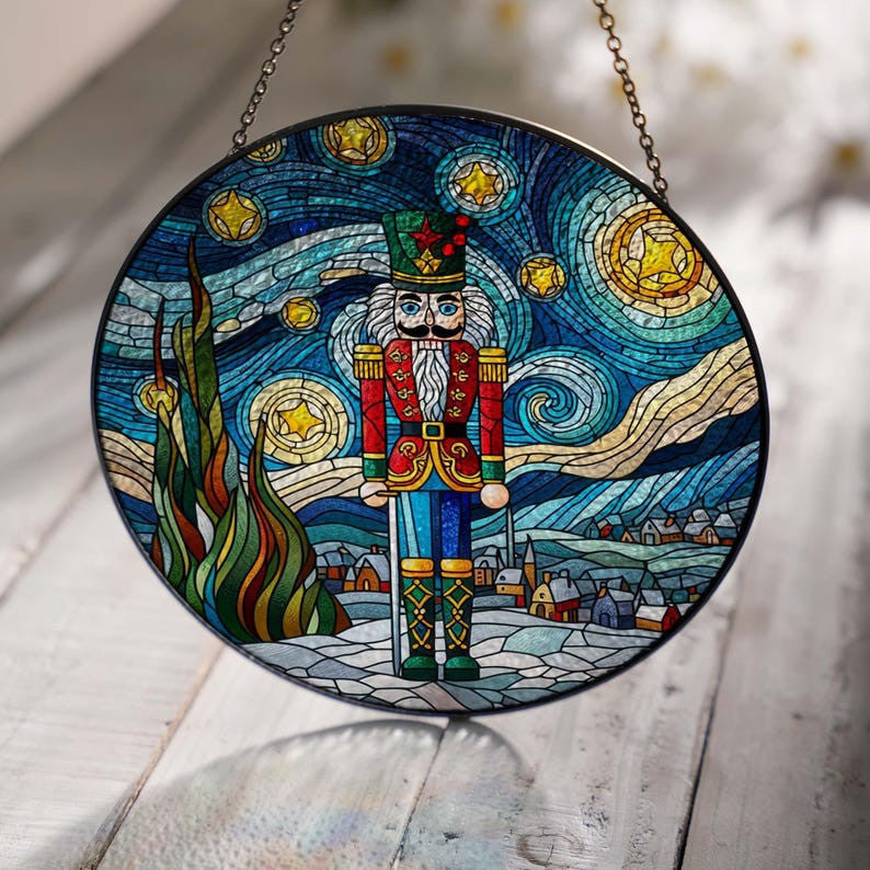 Nutcracker Christmas Scene Glass Window Hanging, Nutcracker Suncatcher Hanging, Christmas Ornament, Christmas Landscape, Housewarming Gift