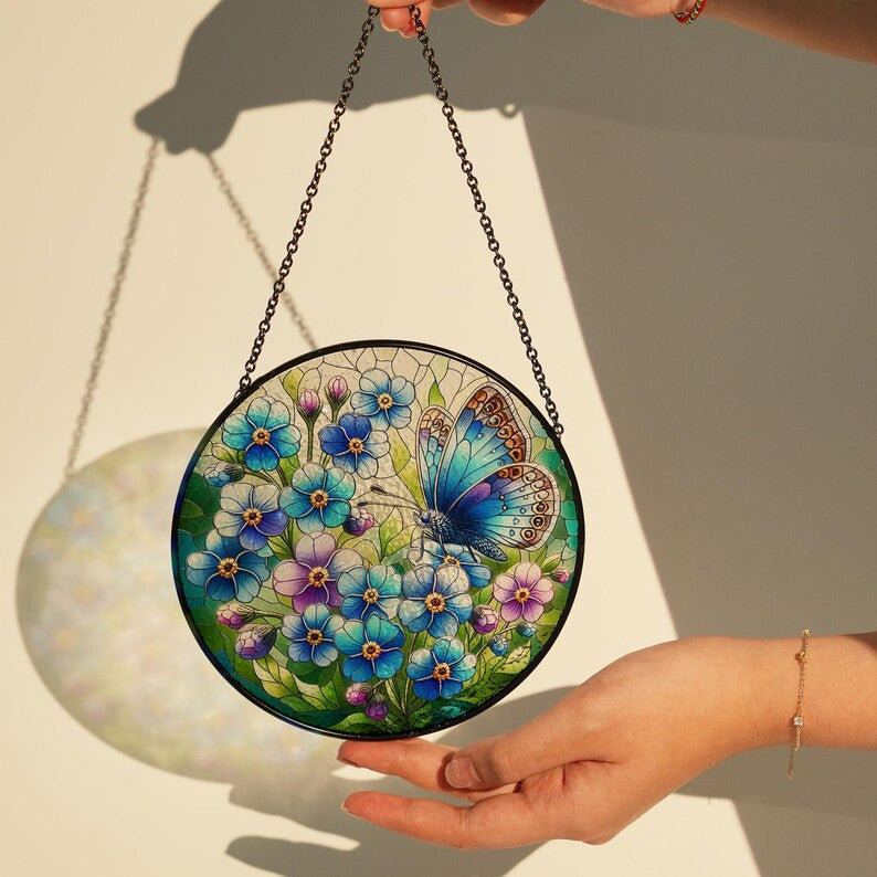 Vivid Butterfly With Forget Me Flower Stain Glass, Butterfly Decor, Blue Forget Me Decor, Flower Lover Decor, Natural Lover Gift, Yard Decor