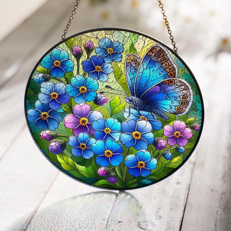 Vivid Butterfly With Forget Me Flower Stain Glass, Butterfly Decor, Blue Forget Me Decor, Flower Lover Decor, Natural Lover Gift, Yard Decor
