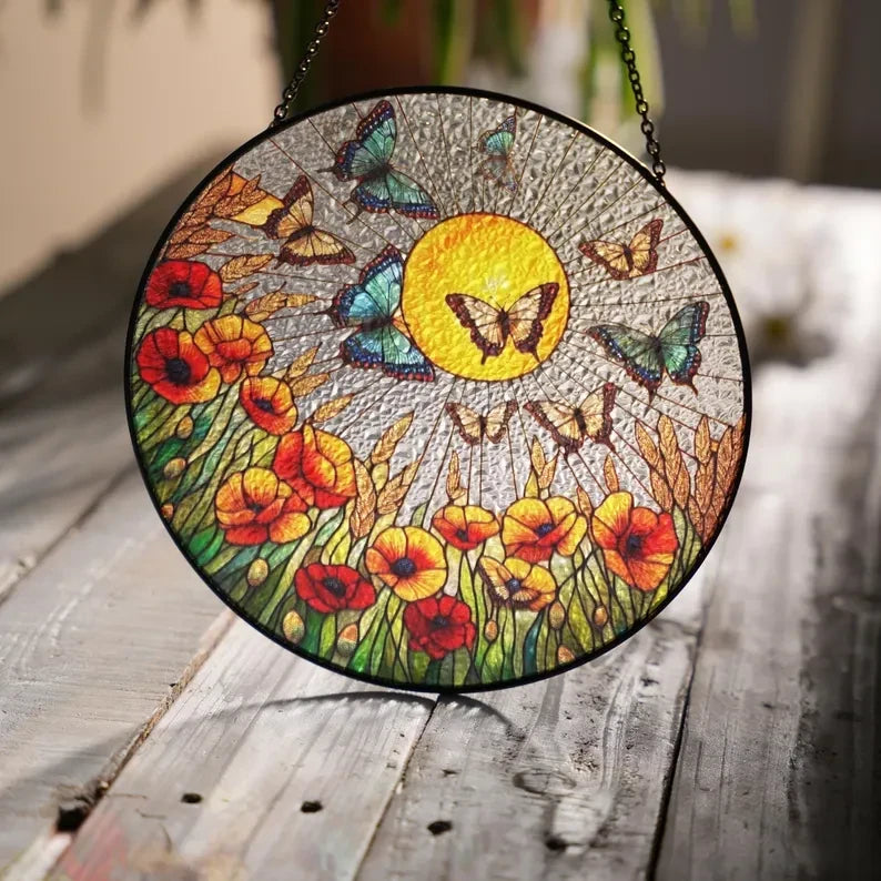 Poppy Flower Garden Stain Glass Decor, Poppy Flower Suncatcher, Butterfly Decor, Butterfly Lover Decor, Flower Decor,Gift For Mom,Yard Decor