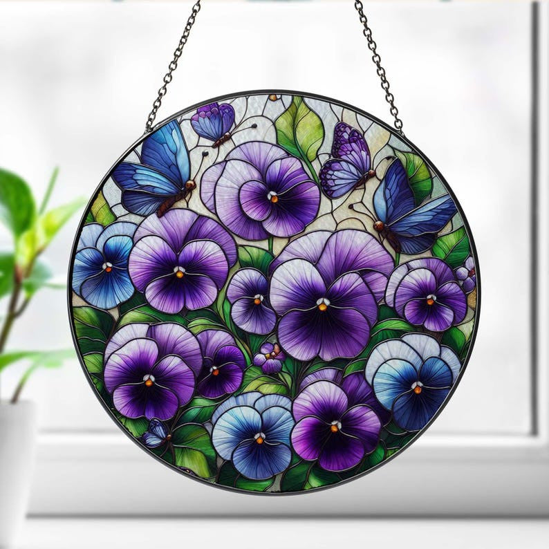 Butterfly With Pansy Flower Stain Glass, Flower Suncatcher, Flower Lover, Pansy Flower Gift, Gift For Mom, Mama Decor, Pansy Flower Decor
