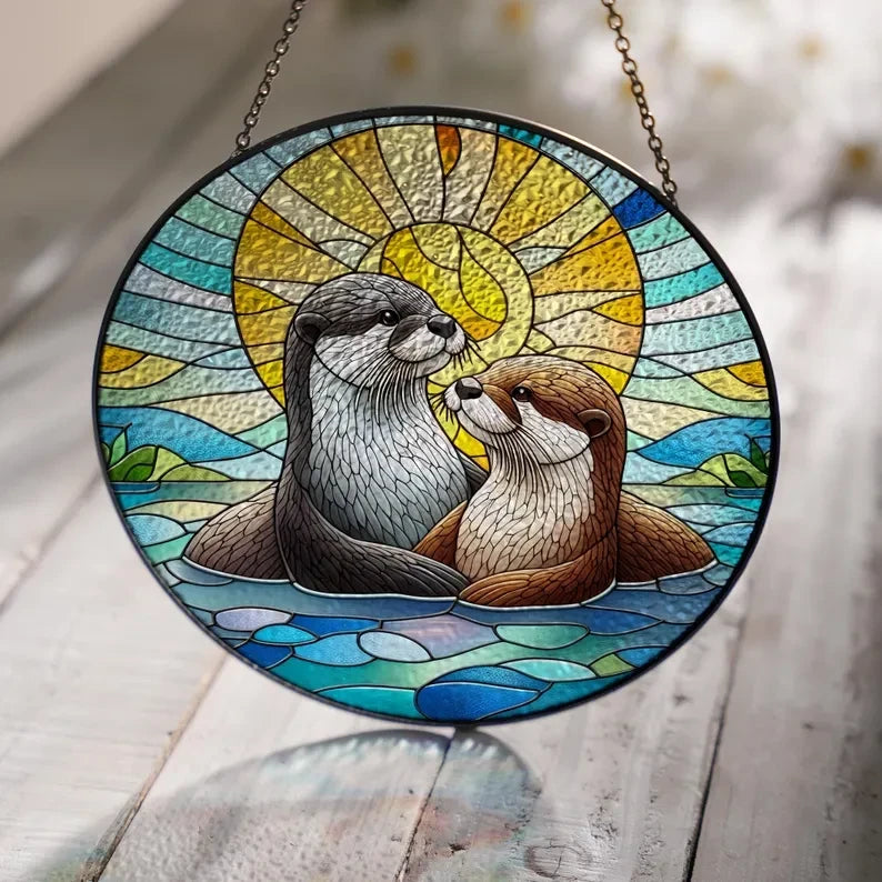 Otter Couple Glass Suncatcher Hanging, Otter Lover, Window Hanging, Otter Suncatcher Ornament, Gift For Wife, Wedding Gift