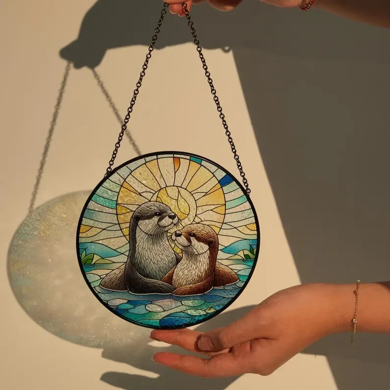 Otter Couple Glass Suncatcher Hanging, Otter Lover, Window Hanging, Otter Suncatcher Ornament, Gift For Wife, Wedding Gift