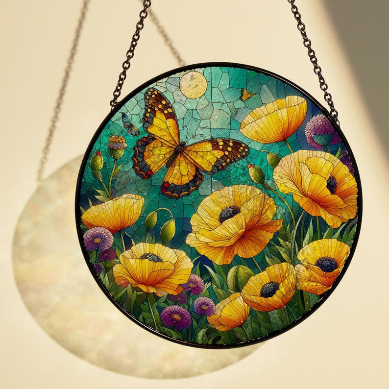 Yellow Poppy Flower Stain Glass, Poppy Flower Suncatcher, Flower And Butterfly Decor, Flower Home Gift, Gift For Mom, Vibrant Flower Decor