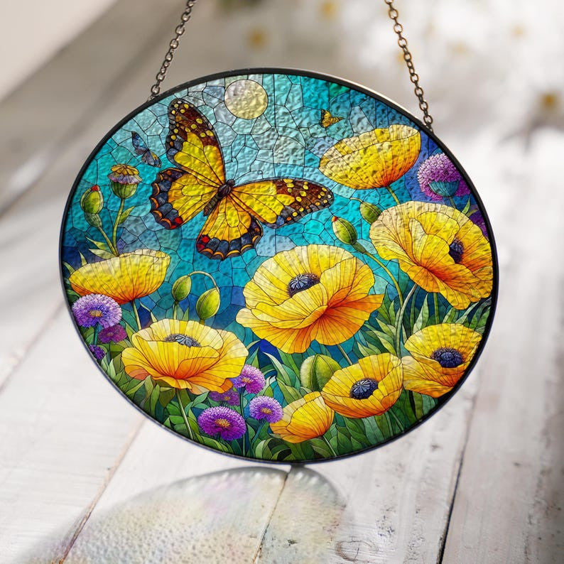 Yellow Poppy Flower Stain Glass, Poppy Flower Suncatcher, Flower And Butterfly Decor, Flower Home Gift, Gift For Mom, Vibrant Flower Decor