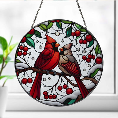 Cardinal Couple On Red Berries Branch Glass Hanging, Cardinal Glass Hanging, Red Berries Lover Gift, Gift For Her , Window Hanging