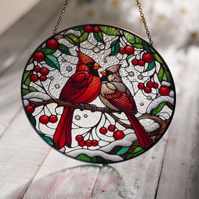 Cardinal Couple On Red Berries Branch Glass Hanging, Cardinal Glass Hanging, Red Berries Lover Gift, Gift For Her , Window Hanging
