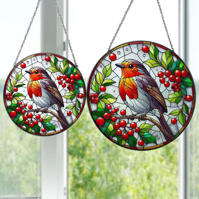 Robin Bird On Red Berries Branch Glass Hanging, Bird Nerd, Home Decor, Bird Suncatcher Decor, Fall Vibes, Gift For Her, Thanksgiving Gift