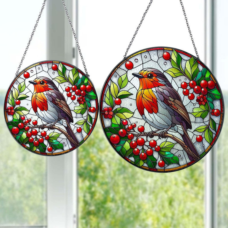 Robin Bird On Red Berries Branch Glass Hanging, Bird Nerd, Home Decor, Bird Suncatcher Decor, Fall Vibes, Gift For Her, Thanksgiving Gift