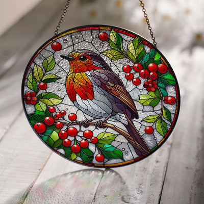 Robin Bird On Red Berries Branch Glass Hanging, Bird Nerd, Home Decor, Bird Suncatcher Decor, Fall Vibes, Gift For Her, Thanksgiving Gift