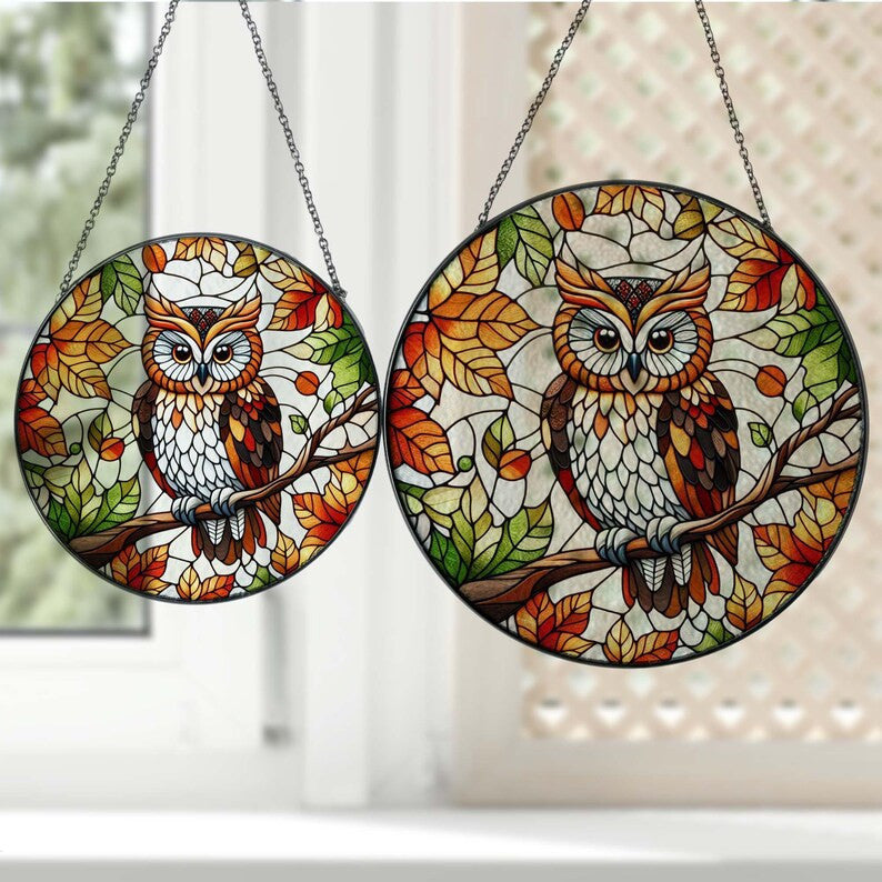 Owl Autumn Glass Hanging, Owl Decor, Bird Nerd, Home Decor, Owl Suncatcher Decor, Fall Vibes, Gift For Her, Thanksgiving Gift